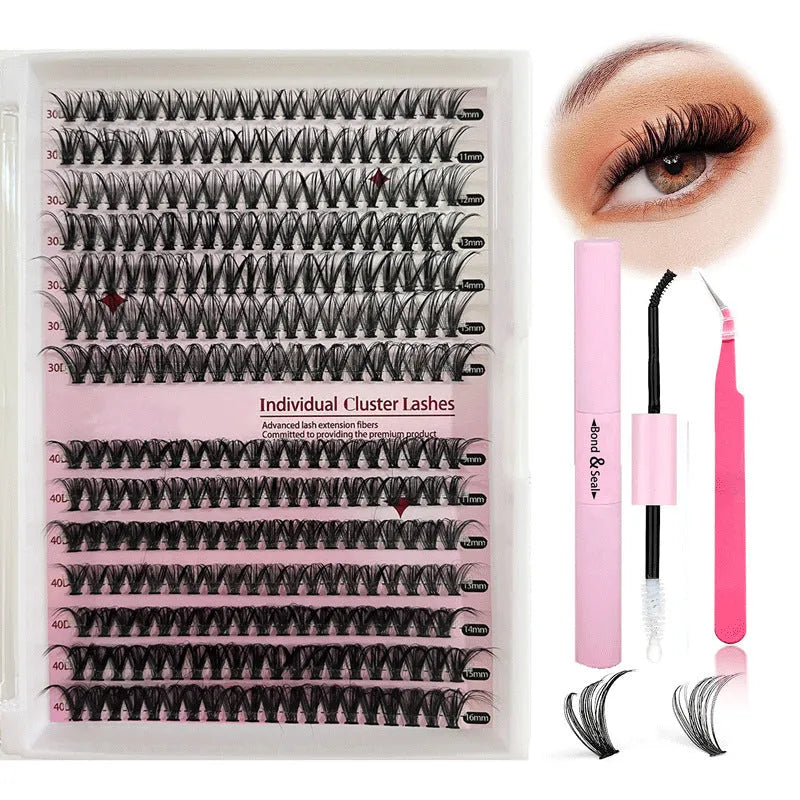 DIY cluster false eyelashes mixed package showing 30D and 40D high-grade fibre lashes and tweezers