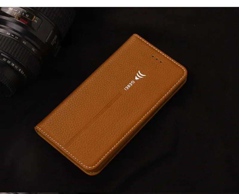 Black PU leather wallet case open to show iPhone slot and credit card holders