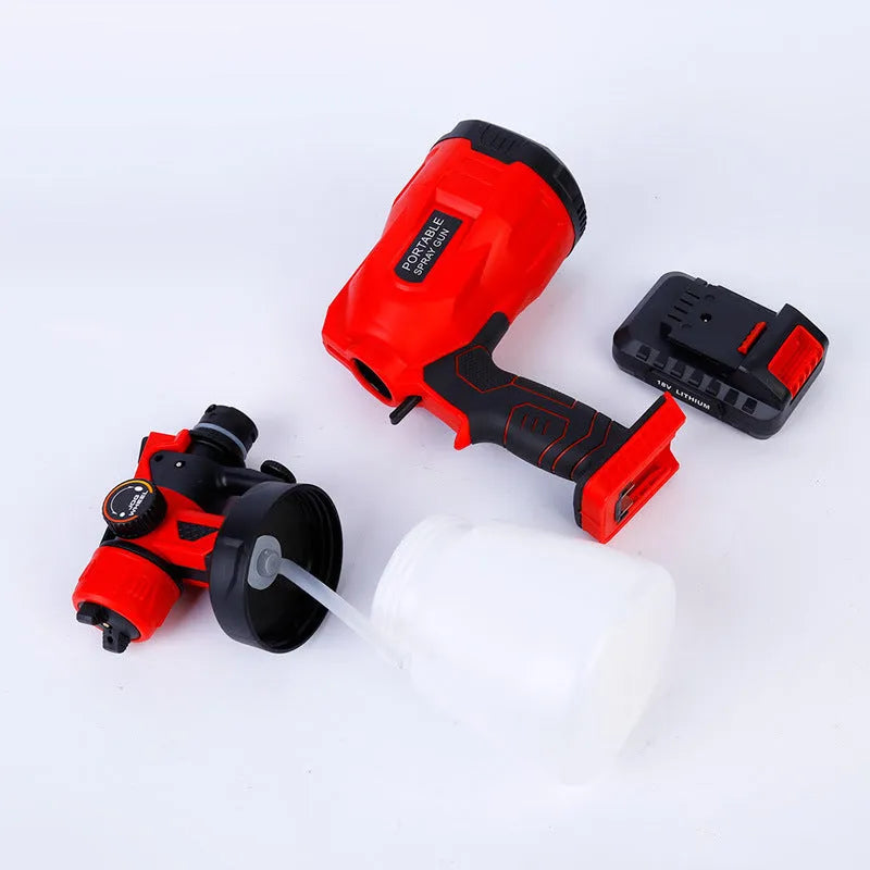 Blue cordless paint spray gun with 800ml watering can attached