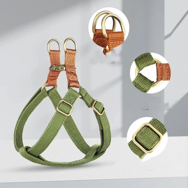 Brown vest-style anti-loss dog leash made of cotton and nylon with alloy fastener.