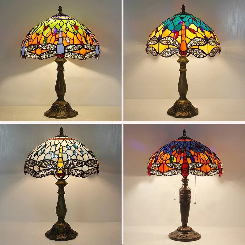 Tiffany style dragonfly stone table lamp with blue or green glass pattern and stone base for bedroom living room