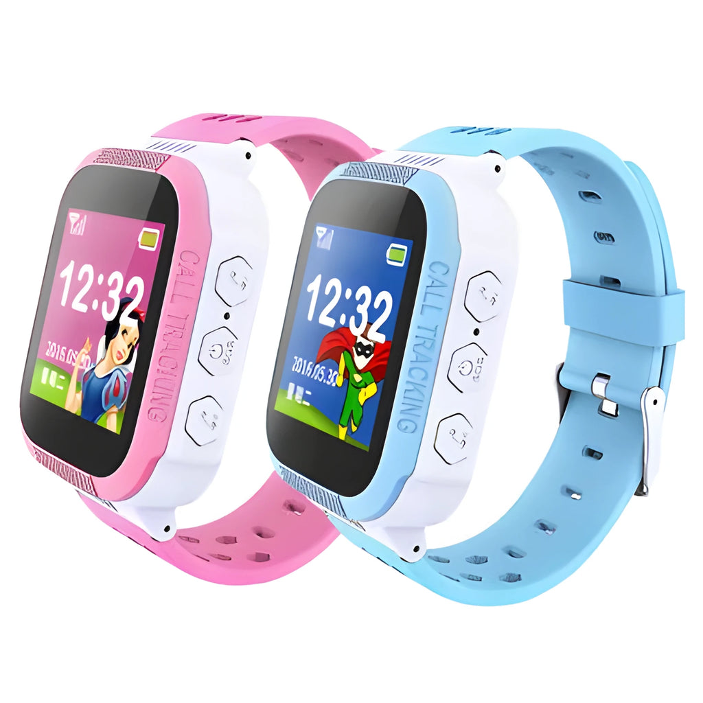 Children's blue phone watch with 1.44-inch IPS screen showing simple interface