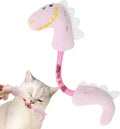 Four-piece cat toy set showing a catnip rope, springs, a kicker toy, and plush mouse, fish, and bunny in pink, purple, and yellow.