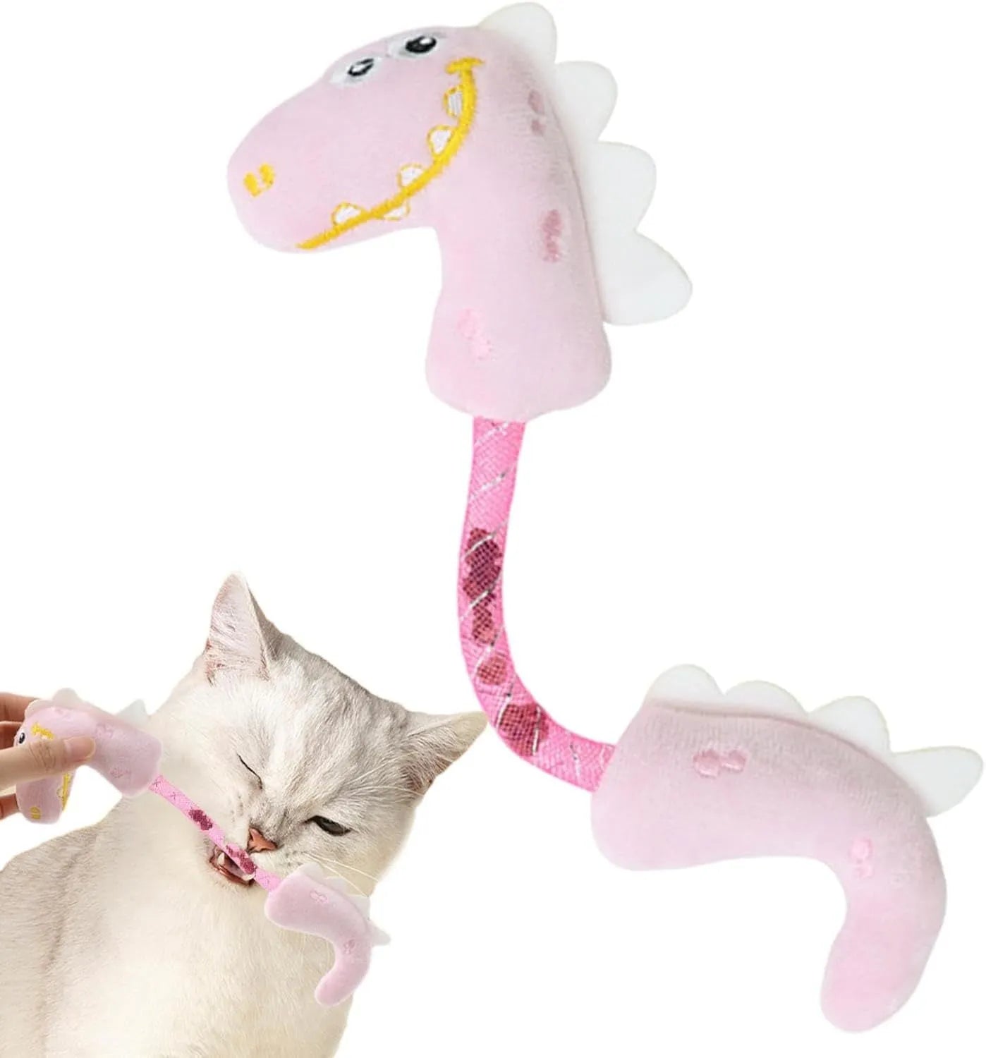 Four-piece cat toy set showing a catnip rope, springs, a kicker toy, and plush mouse, fish, and bunny in pink, purple, and yellow.