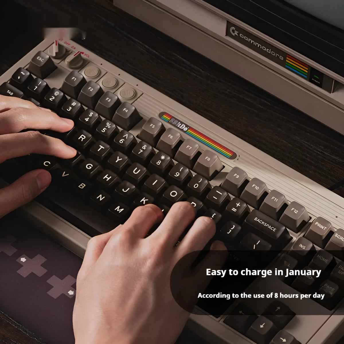 Retro87 C64 wireless Bluetooth mechanical gaming keyboard with rocker switches on black background