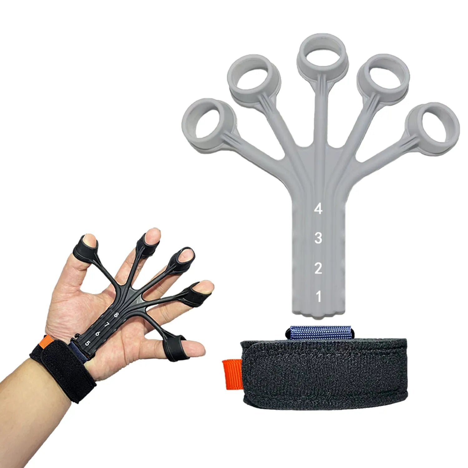 Black silicone finger flexion and extension trainer with adjustable belt for adult hand rehabilitation