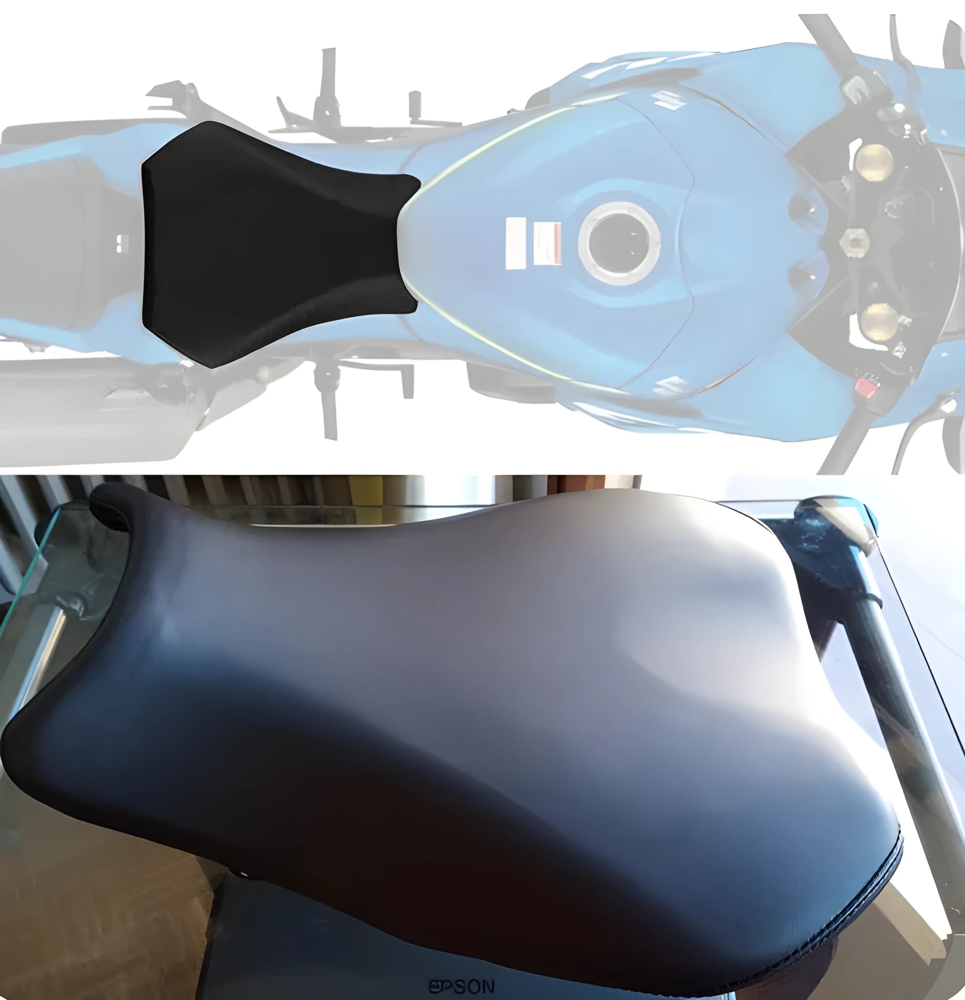Suzuki GSXR1000 motorcycle with PU leather seat covers fitted on front and rear seats.