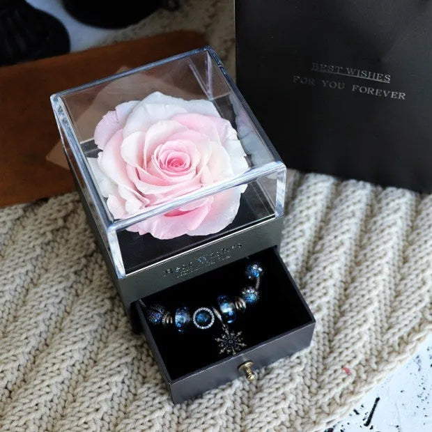 Preserved eternal rose and carnation gift box in glass display case for jewellery storage