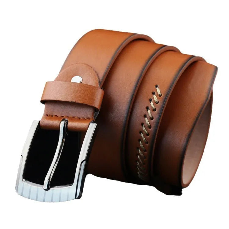 Men's threading pattern belt in black colour with alloy pin buckle fastening showing retro design detail
