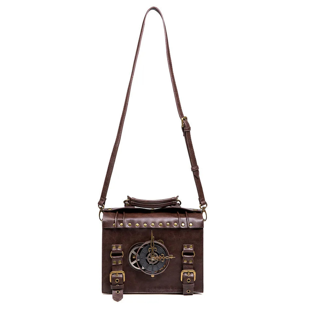 Bronze steampunk industrial retro shoulder bag with pillow shape and metal hardware
