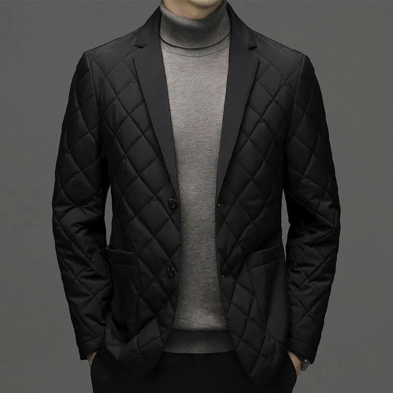 Men's black winter down jacket with lapel collar and side seam pockets