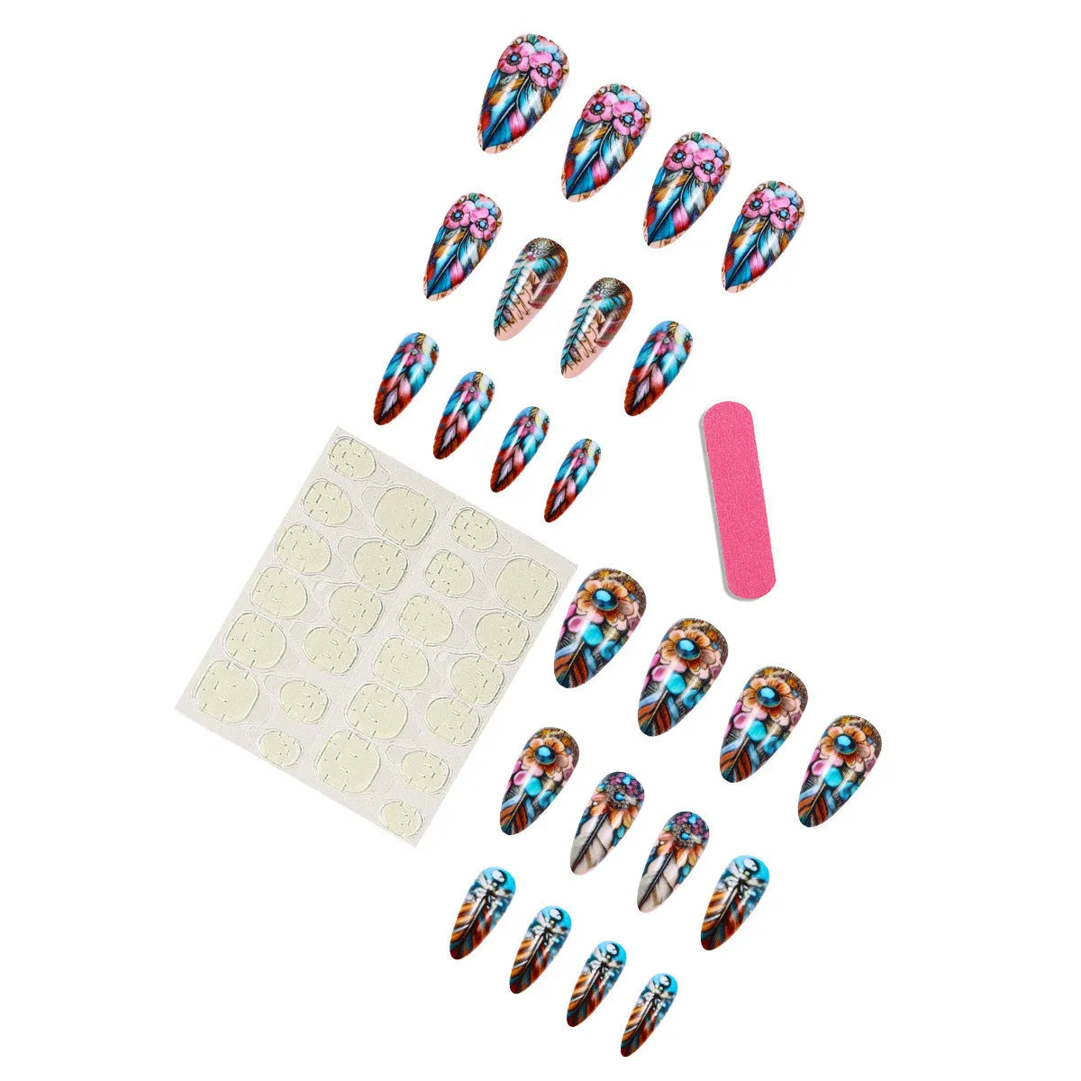 Retro style coloured feather armour nail art stickers with multiple pattern designs
