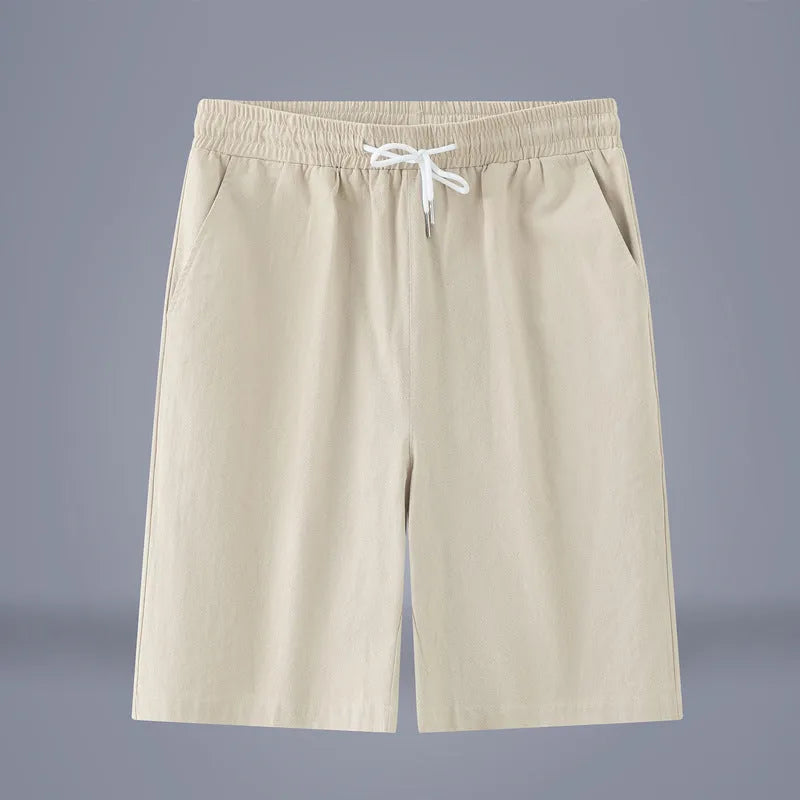 Cotton linen cropped summer trousers in a solid colour with a drawstring waist, shown in a casual Chinese-style fit.