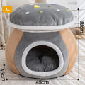 Mushroom-shaped plush cat bed in grey, pink, or purple colours with thermal construction
