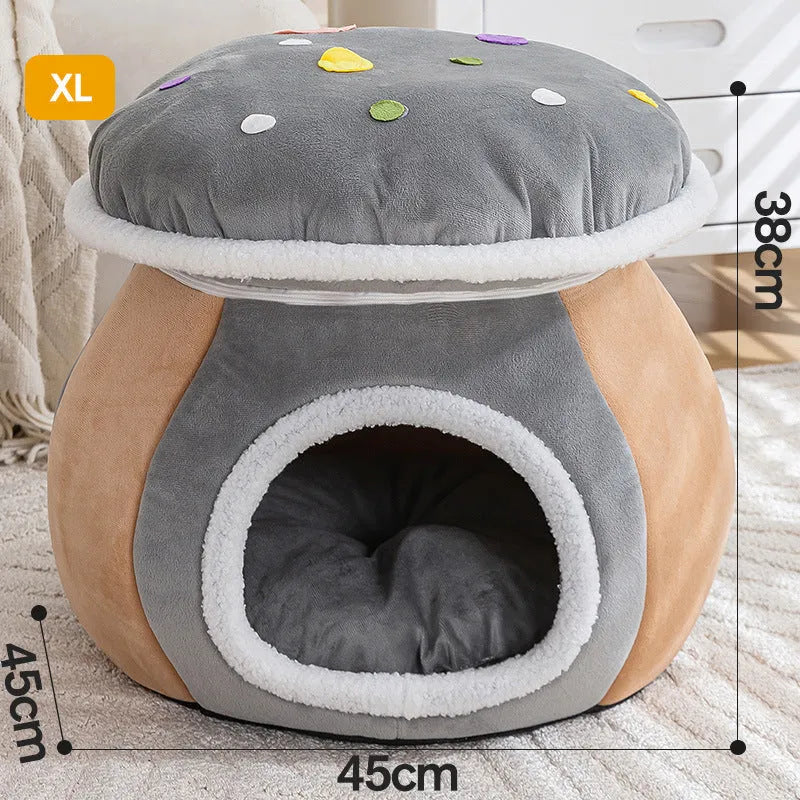 Mushroom-shaped plush cat bed in grey, pink, or purple colours with thermal construction