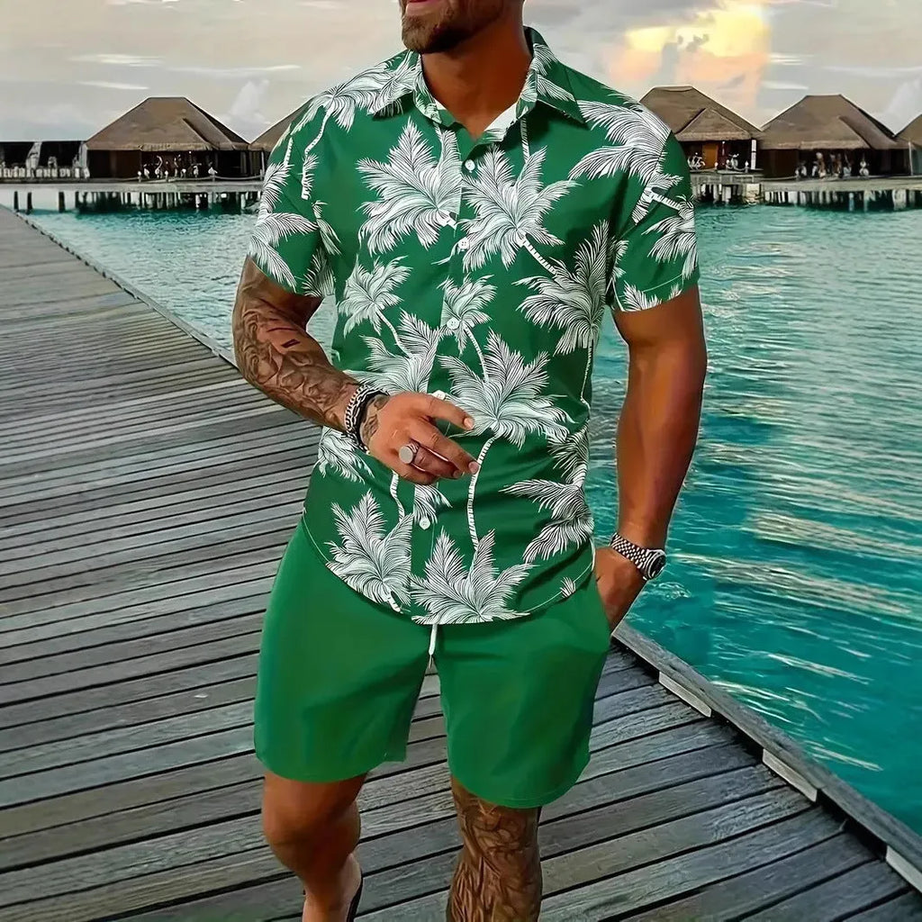 Men's 3D printed Hawaiian style short sleeve lounge suit with matching shorts on a mannequin