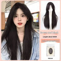 Full-head forehead lace wig in straight mid-length style with styling accessories on white background.