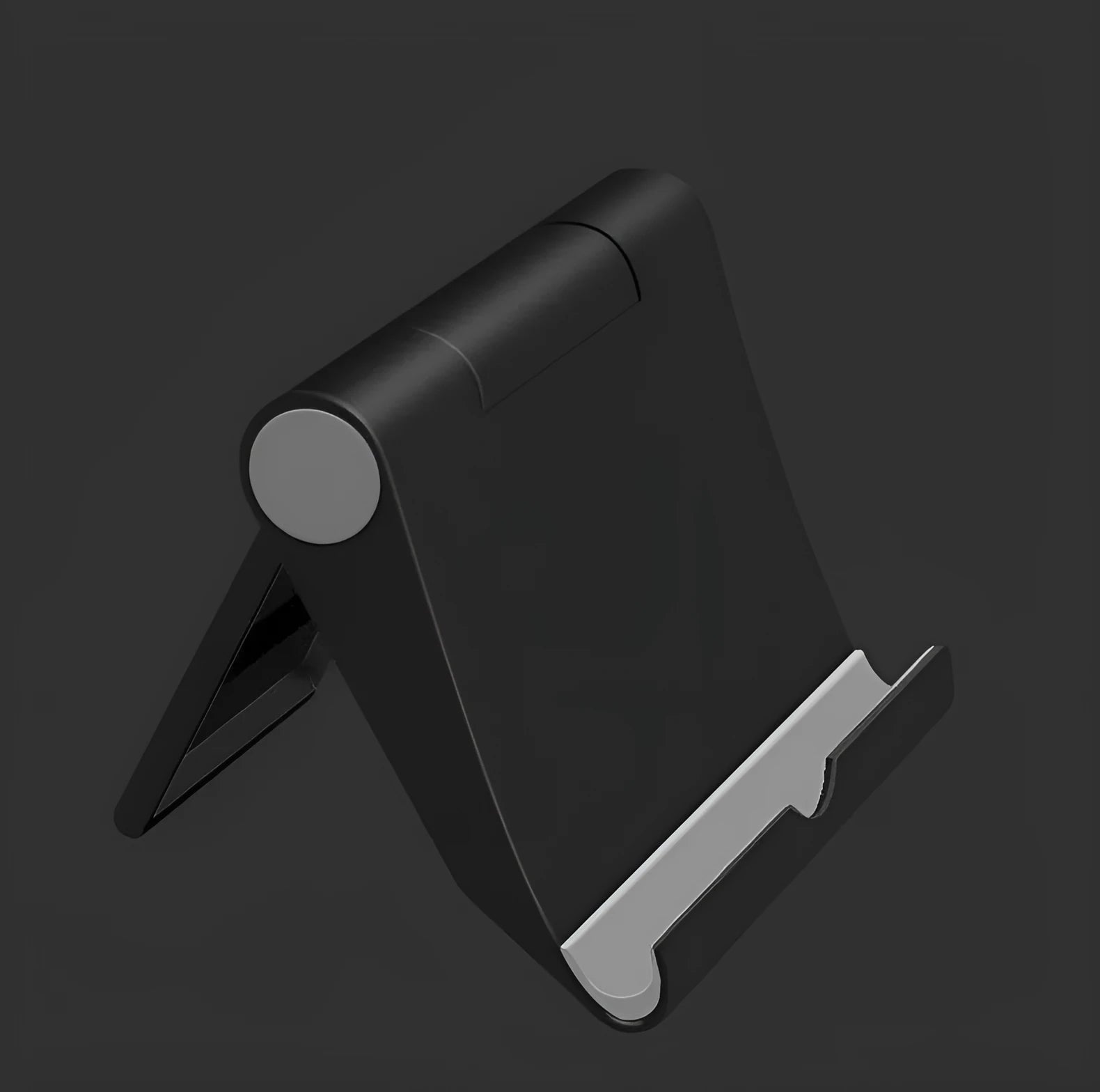 Black PE folding tablet stand holding a mobile phone at an adjustable angle