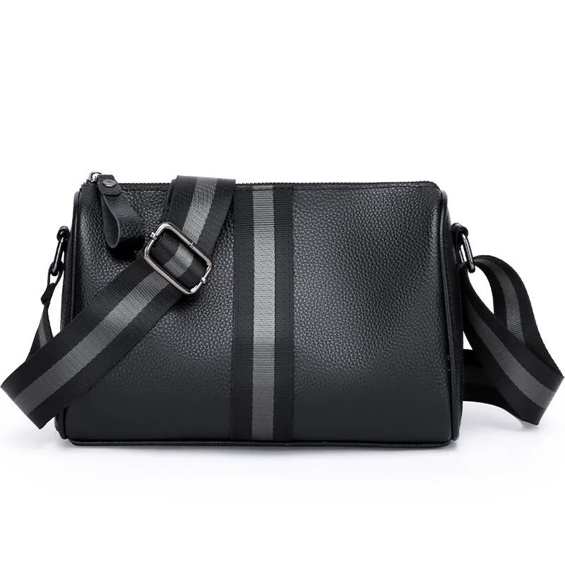 Black genuine leather one-shoulder crossbody bag with polyester lining