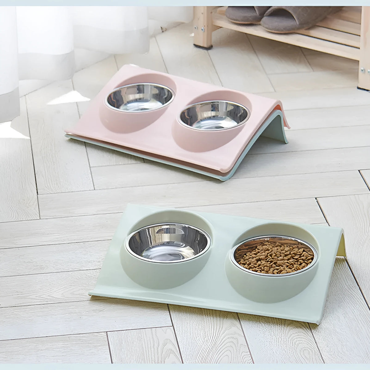 Stainless steel pet double bowl with PP base, 37.5x24x7.5cm, in green, pink, or blue