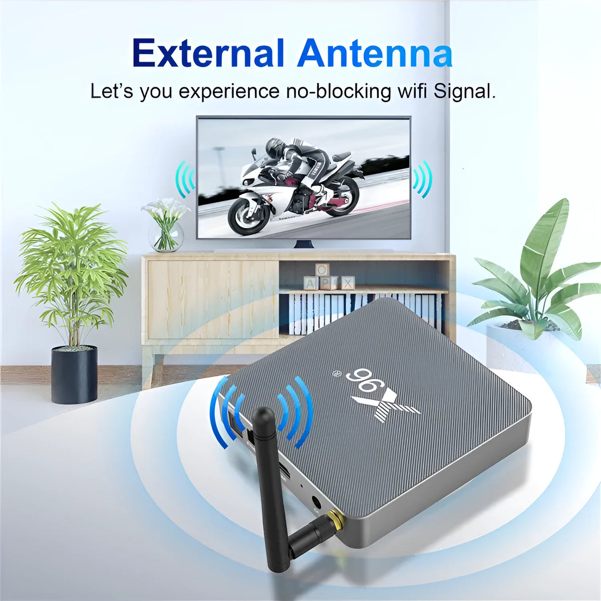 Android smart TV set-top box with voice control remote on a table next to a television.