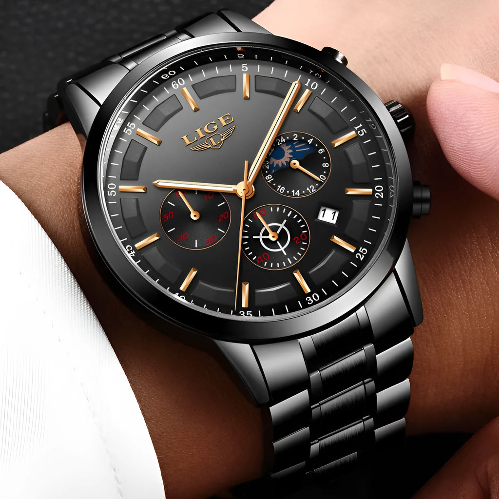 Men's waterproof quartz sports watch in black and rose red gold colour on wrist