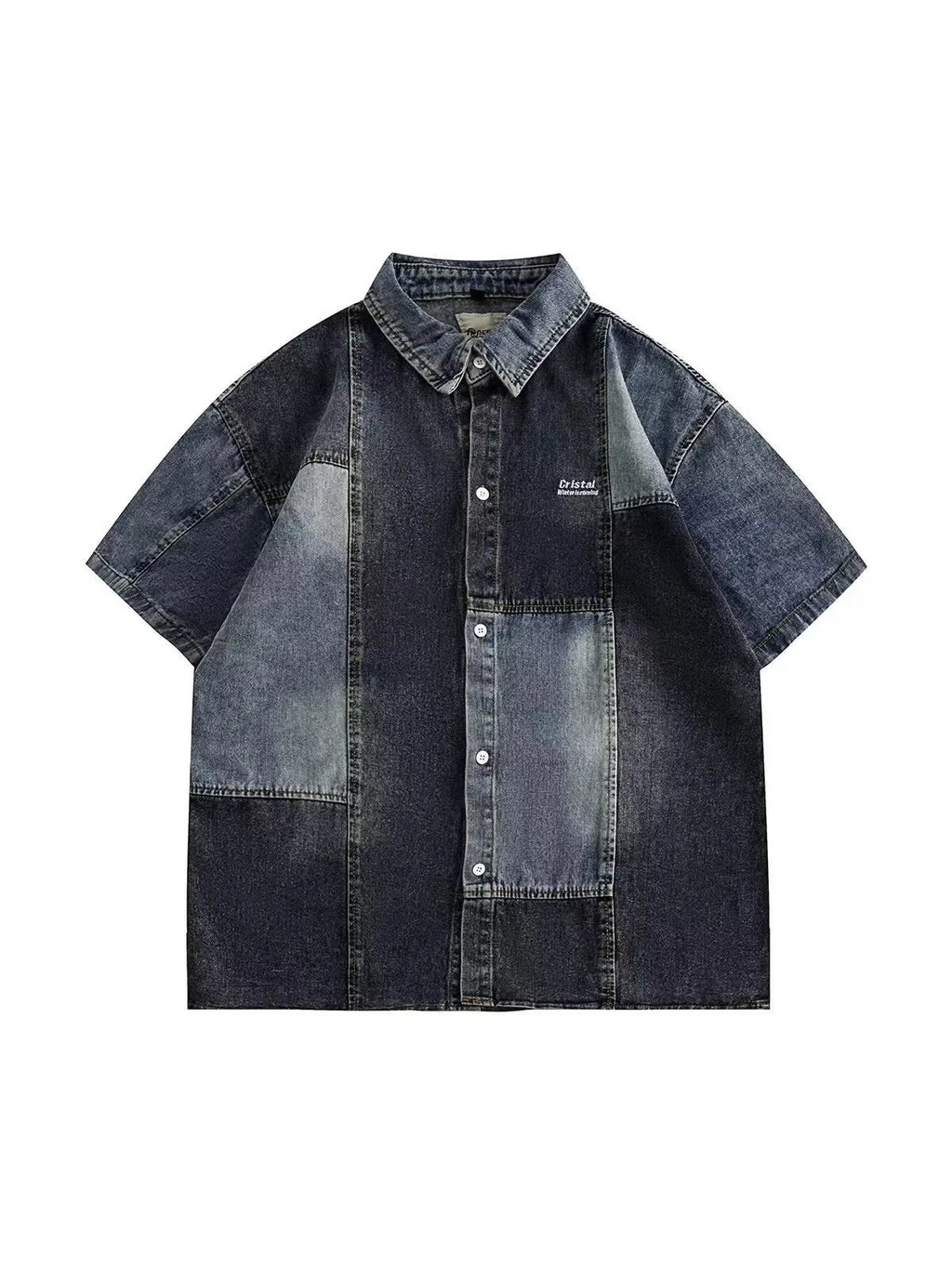 Blue loose-fit men's denim shirt with Japanese retro washed stitching detail.