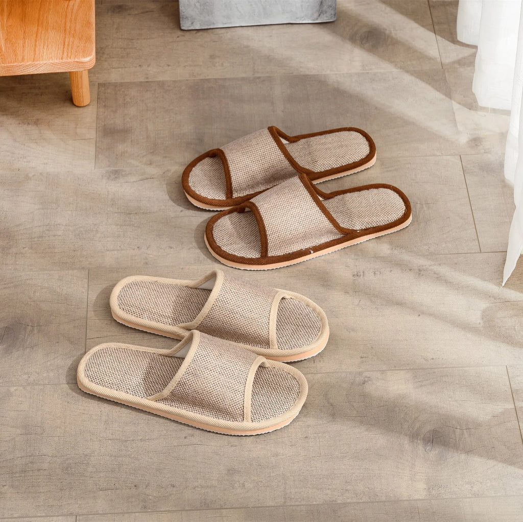 Women's open toe slippers in linen and cotton with thickened sole in dark coffee and pure gray colors