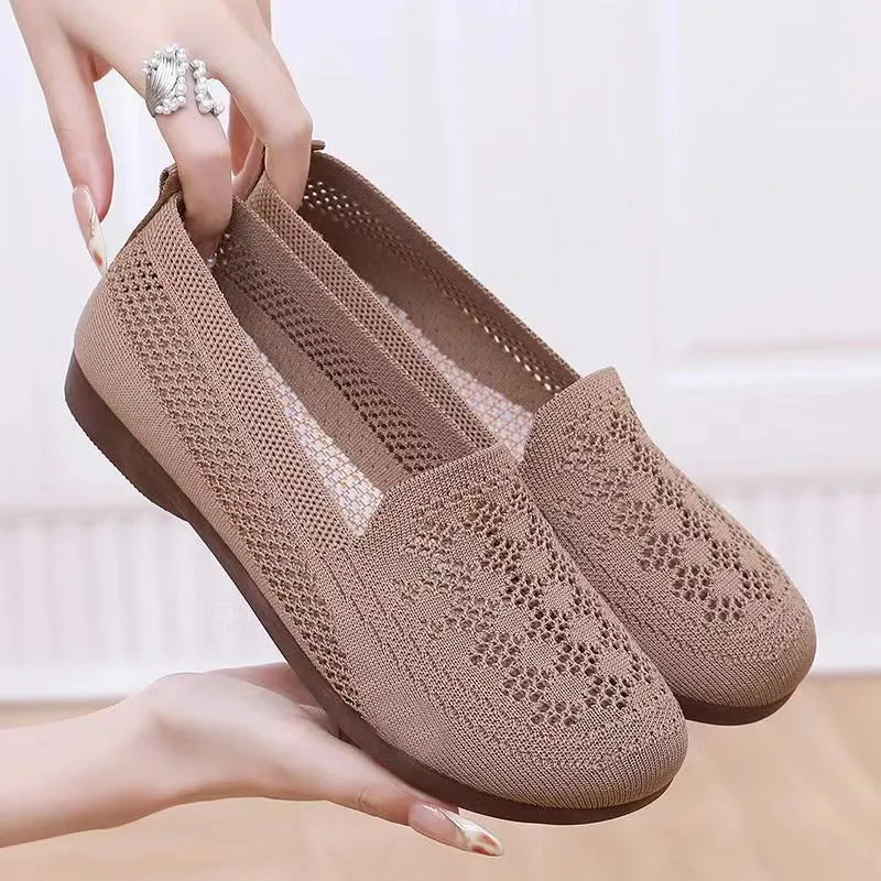 Beige elderly antiskid mesh sneakers for women with Flyknit lining and PVC sole