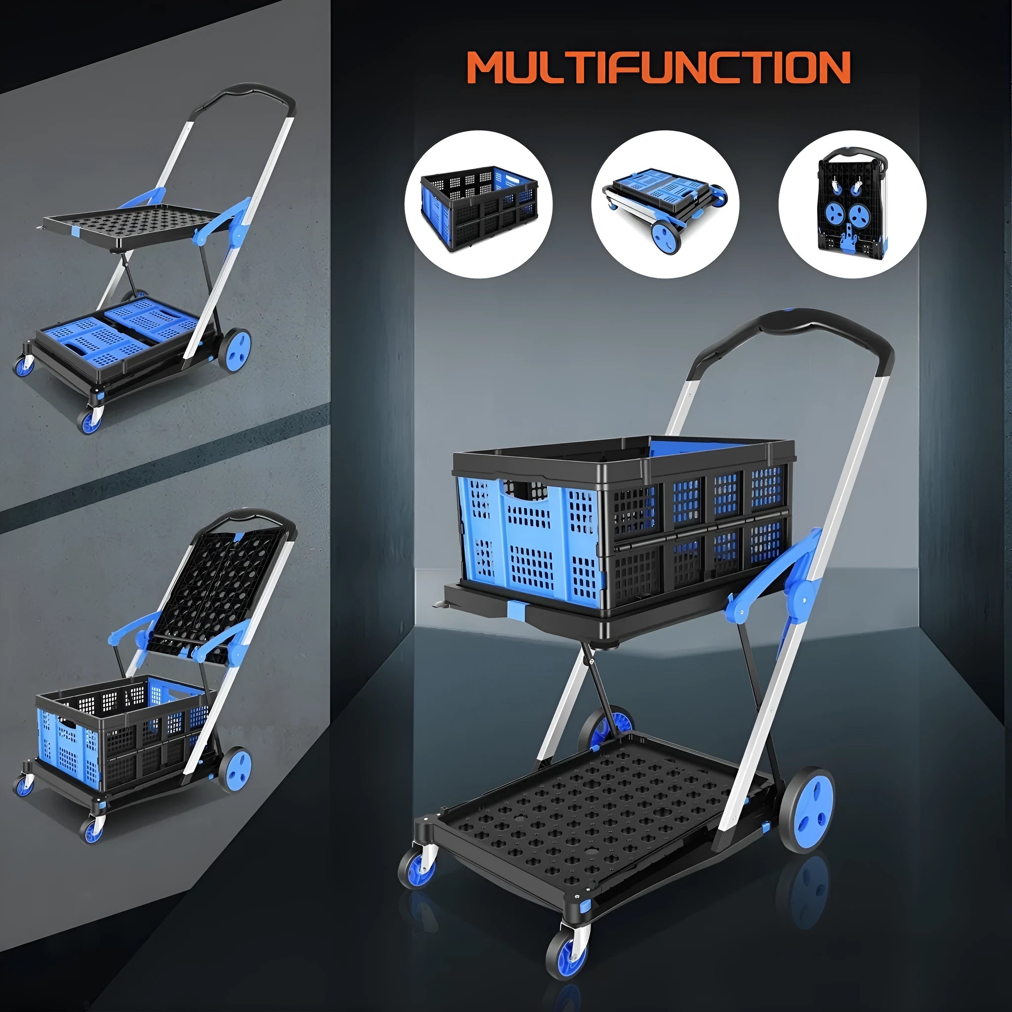 Foldable plastic shopping cart with double-layer basket in blue, purple, pink, or red colour options