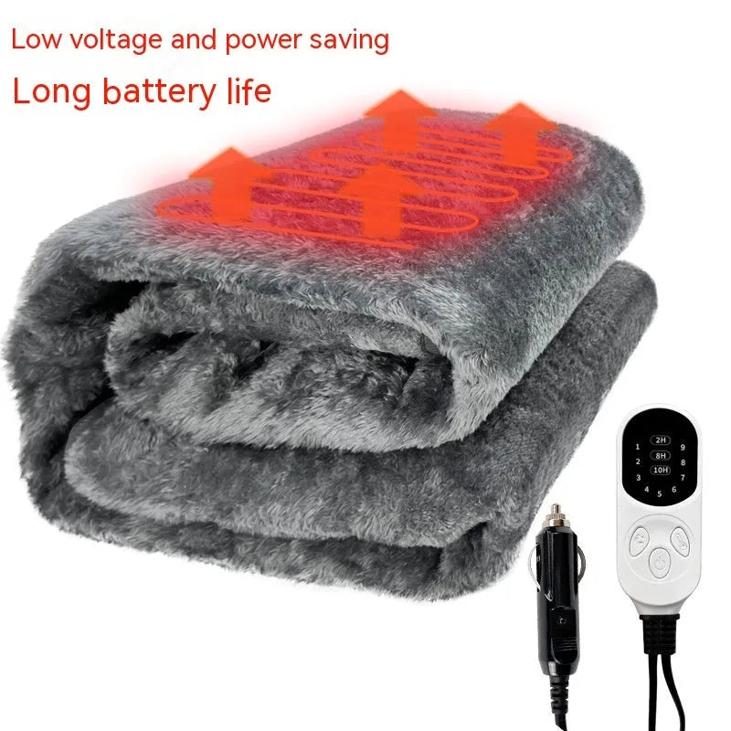 Grey 12V car electric blanket kneepad with cigarette lighter plug and temperature controller.