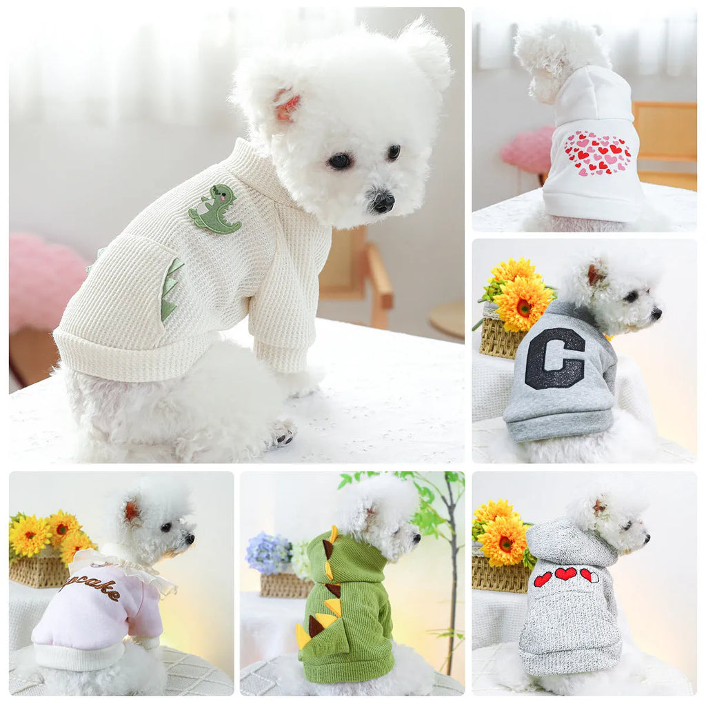 Casual polyester round-neck pet shirt in XS to XL with dinosaur, letter and red heart style options