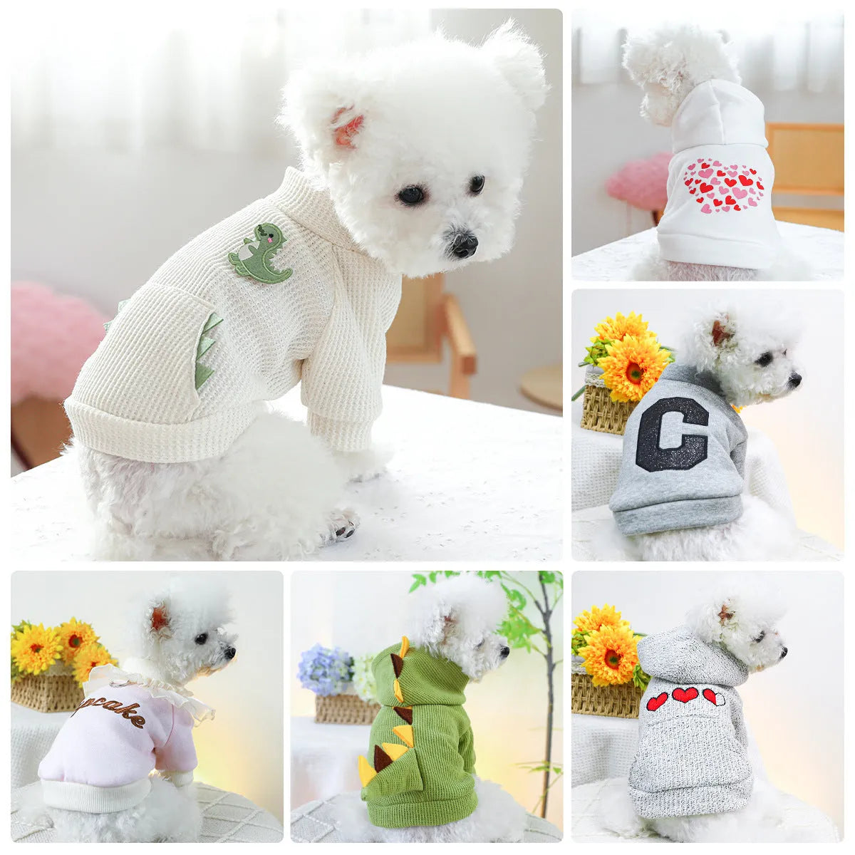 Casual polyester round-neck pet shirt in XS to XL with dinosaur, letter and red heart style options