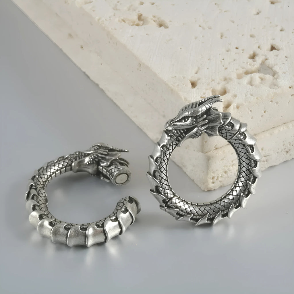 Large dragon-shaped hollow-out earrings in antique silver finish