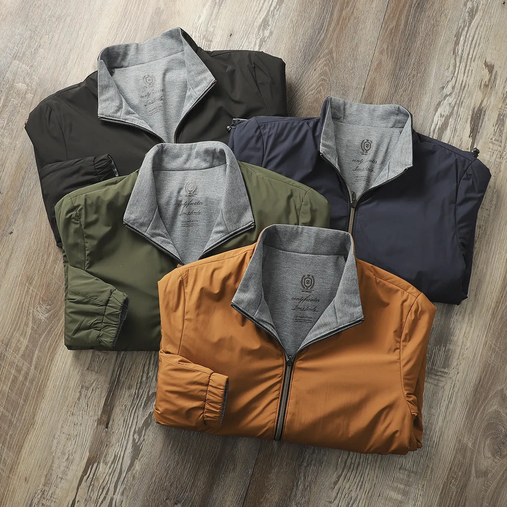 Men's stand collar casual jacket in polyester blend shown in army green colour.