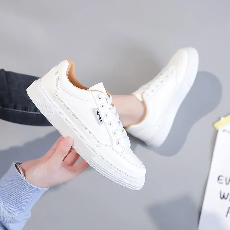 Korean style low top women's sneakers in white and brown colours