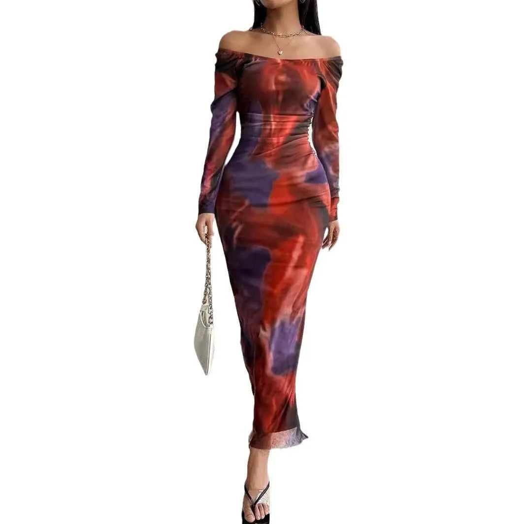 Women's printed mesh fishtail dress with gradient colour and square collar in multiple colour options
