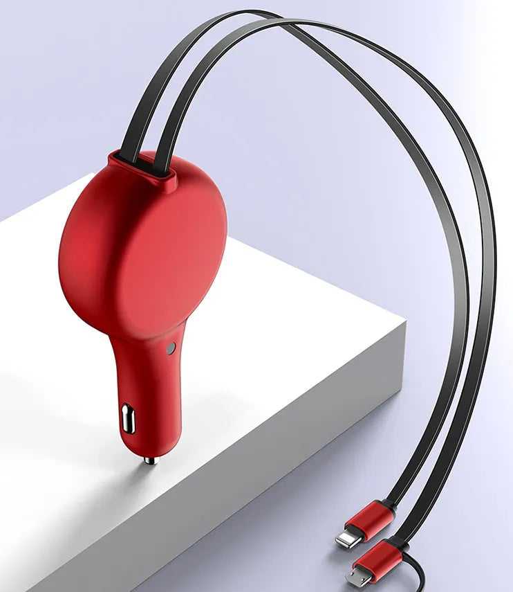 Black retractable car charger with two coiled cables and three charging heads displayed next to a car power socket.