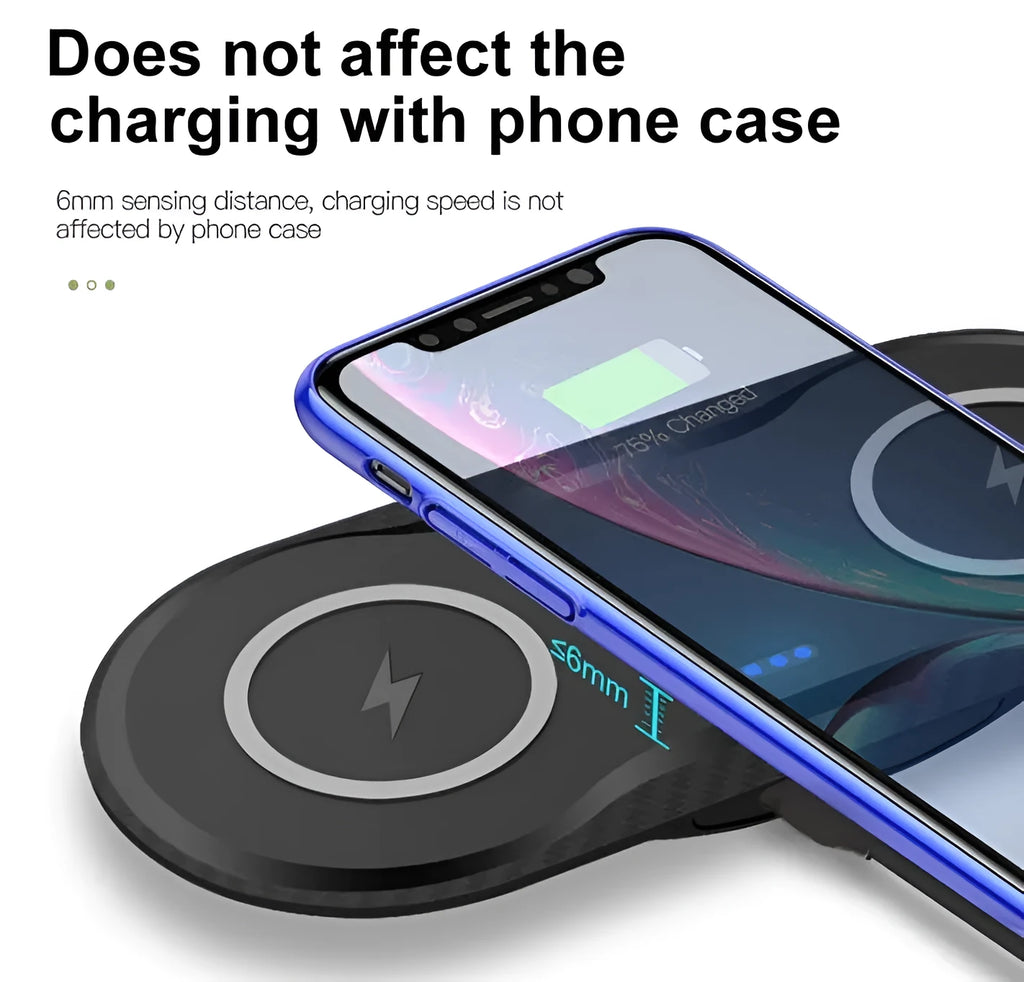 Black and white dual wireless charging pad with two smartphone charging surfaces and anti-slip silicone base