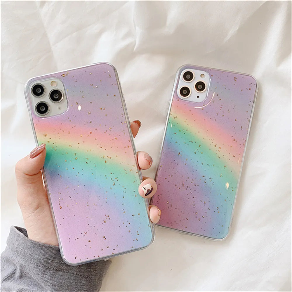 Rainbow gradient iPhone case with horizontal stripes on a white background