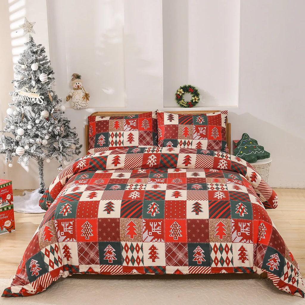 Christmas red plaid pattern three-piece bedding set with duvet cover and pillowcases on bed