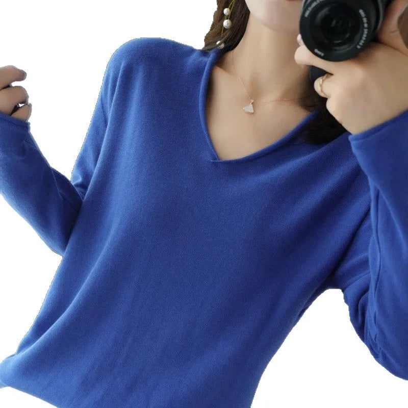 Women's V-neck knitwear pullover top in macaron colours with long sleeves