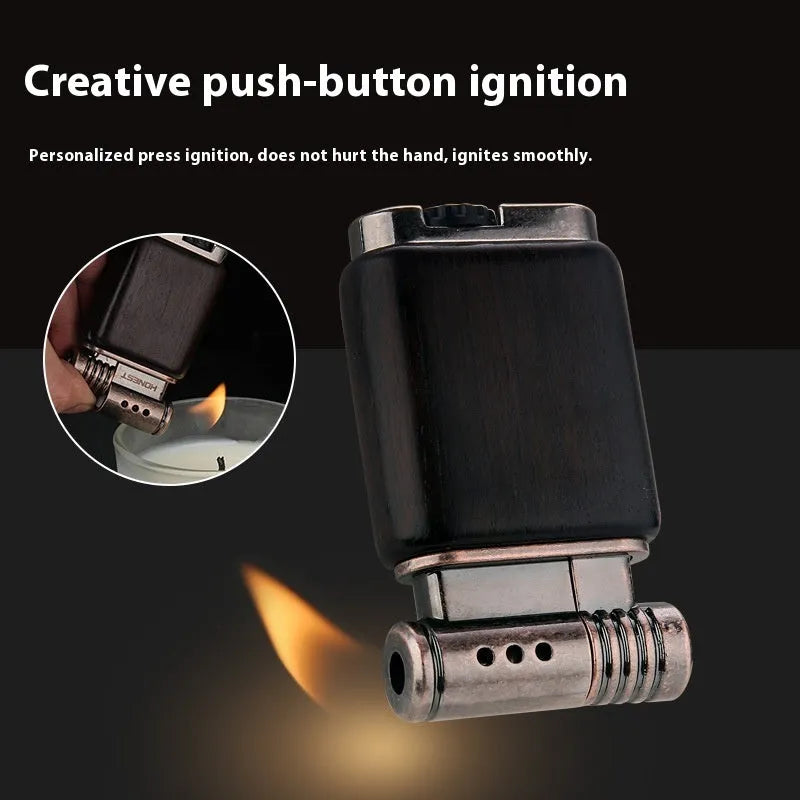 Ebony gas lighter with decorative wood designs in casual style
