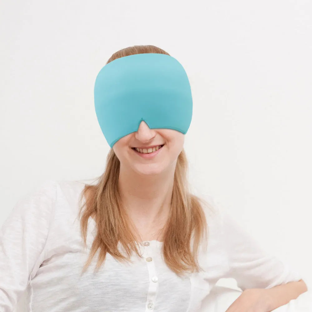 Black elastic cloth gel cooling eye mask for headache relief, shown with adjustable strap.