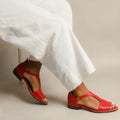 Red women's plus size sandals with square buckle and herringbone toe holder design
