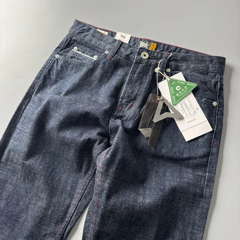 Men's straight-leg denim trousers in primary colour with mid-waist design and classic American retro styling