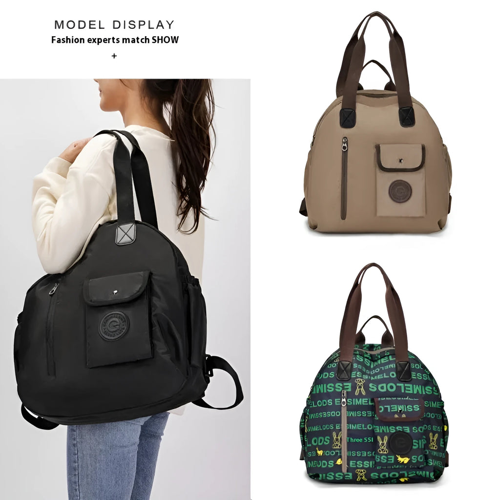 Large lightweight nylon backpack in black, khaki, or green with front sandwich pocket.