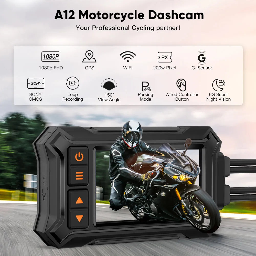 Motorcycle dash cam system with dual lenses, 3-inch display, GPS module, and mounting accessories.