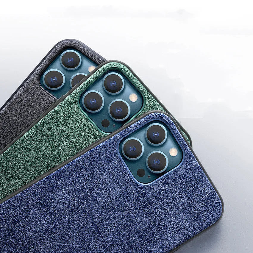Suede iPhone case in dark blue showing full-coverage protection design with precise port cutouts