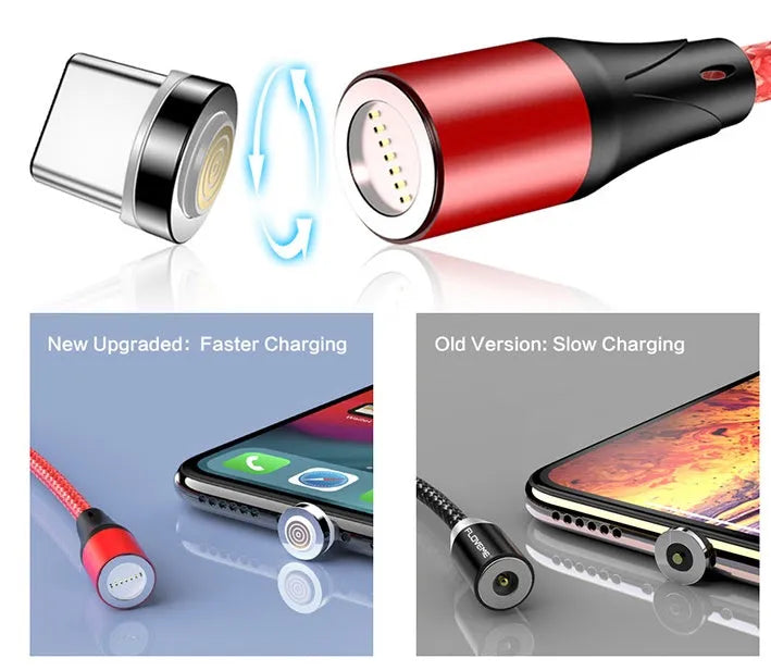 Black magnetic fast charge data cable with LED side lights and Type-C connector